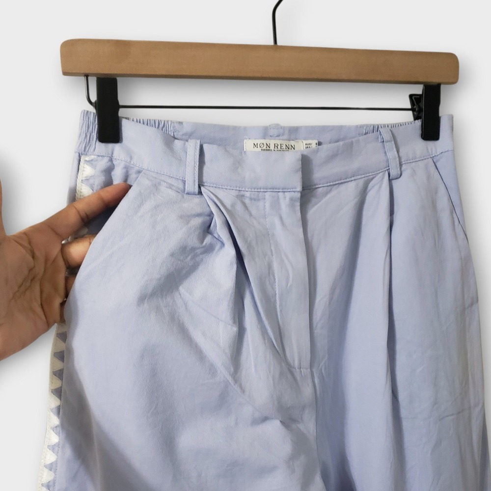 Mon Renn Lisle Trousers Powder Blue Size Small White Ric Rac Trim Split Hem - Picture 2 of 14